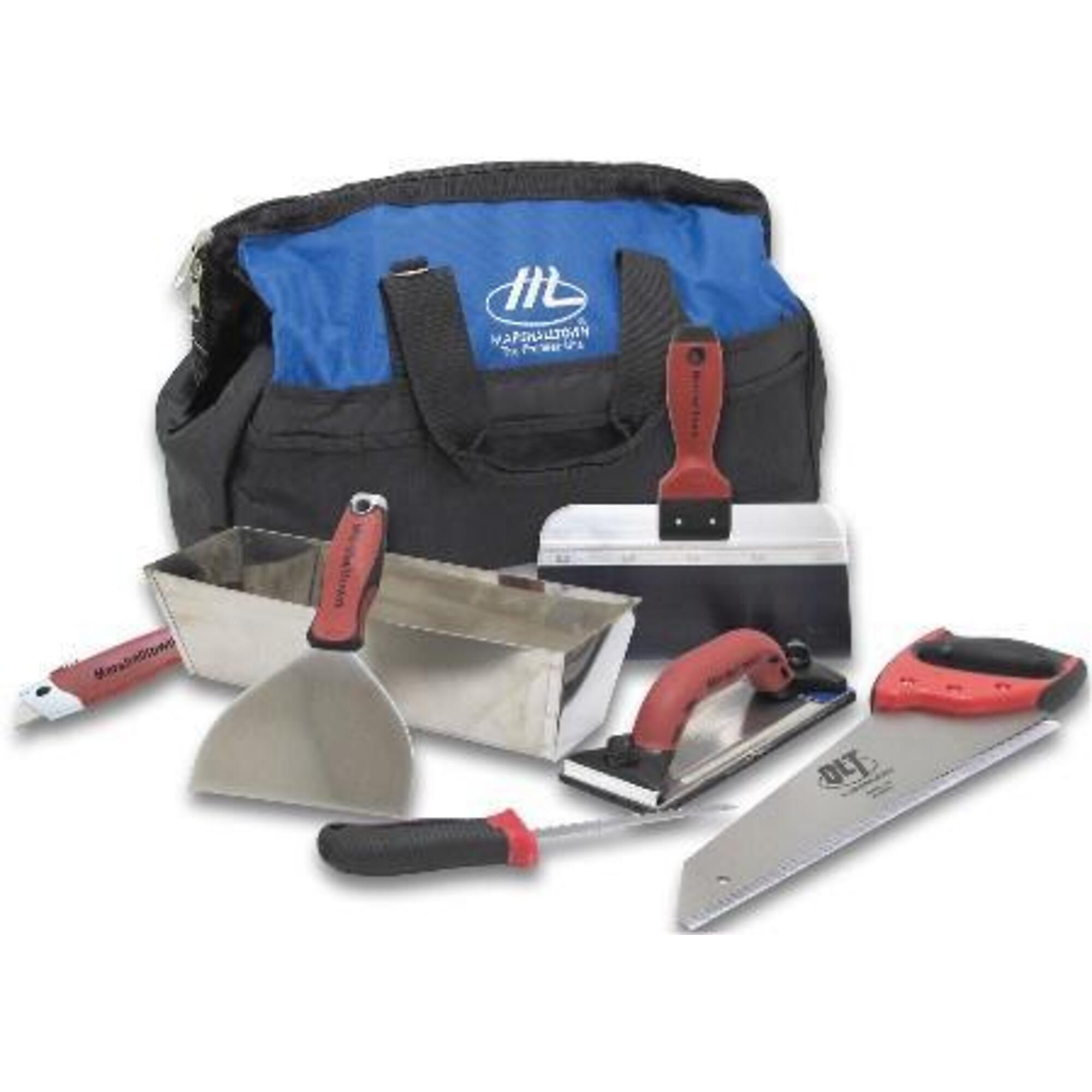Marshalltown Drywall Tool Kit - 20in. Nylon Tool Bag, Stainless Steel Mud Pan, Joint Knife, Blue Steel Taping Knife, Hand Sander, Drywall Saw, Utility Saw, Adjustable Utility Knife, Model# DTK4